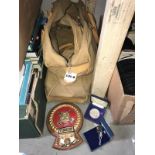 2 naval bags, an Ausonia plaque, a royal naval association 1950 - 1980 medallion & other pins etc.