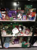 A collection of Christmas decorations including a fibre optic tree (3 shelves)