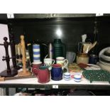 A shelf of kitchenware including TG Green rolling pin & Denby items