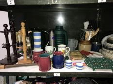 A shelf of kitchenware including TG Green rolling pin & Denby items