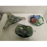 3 art glass bowls.