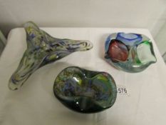 3 art glass bowls.