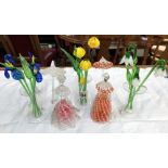 3 hand-blown glass vases, flowers & 2 glass crinoline lady figures,