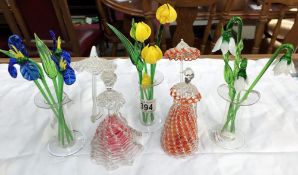 3 hand-blown glass vases, flowers & 2 glass crinoline lady figures,