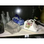 4 cheese dishes, 1 blue & white ironstone,