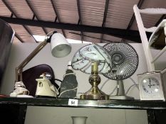 A quantity of miscellaneous including lamp, fan & carriage clock etc.