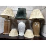 3 large stoneware/porcelain table lamps with retro shade & 2 other lamp shades