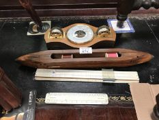 A mixed lot including weather station plaque, a loom shuttle,