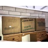 3 cuboid seats with coffee advertising hessian covers