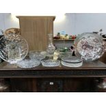 A collection of decorative glass serving vessels, plates, bowls, decanter etc.
