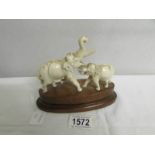 2 19th century carved ivory elephants on base.