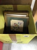 A box of framed and glazed pictures of birds