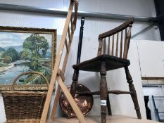 An old Victorian kitchen chair, copper warming basket etc.
