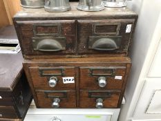 A 2 drawer and 4 drawer vintage wooden filing chests/boxes