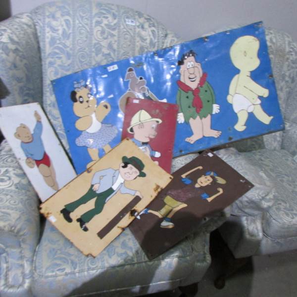 5 paintings on tin of children's themed characters/fairground display signs.