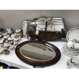 2 deco mirrors and an oval bevel edge mirror in wood frame