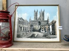 A framed coloured etching print of "Lincoln Cathedral from Castle yard" by John Bungay