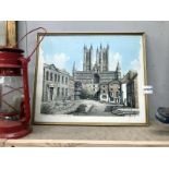 A framed coloured etching print of "Lincoln Cathedral from Castle yard" by John Bungay