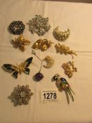 A mixed lot of brooches including parrot and butterfly.