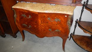 A marquetry inlaid and ormolu mounted marble top 2 drawer 'bombe' chest.