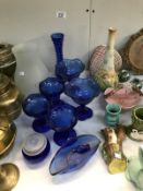 A quantity of blue glass dishes etc.