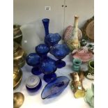 A quantity of blue glass dishes etc.