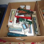 A box of '00' gauge rolling stock including cranes etc., in home made boxes.