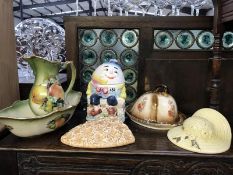 A collection of porcelain items including Humpty Dumpty biscuit pot, jug and bowl, ornaments etc.