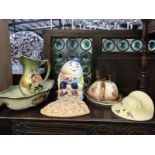 A collection of porcelain items including Humpty Dumpty biscuit pot, jug and bowl, ornaments etc.