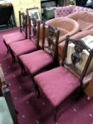 4 lyre backed Edwardian dining chairs with red upholstered seats