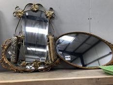 2 gilt metal framed mirrors and a 1970's hall mirror