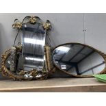 2 gilt metal framed mirrors and a 1970's hall mirror
