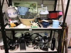 2 shelves of kitchenalia including glass measuring jug etc.