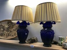 A pair of blue glass vase table lamps