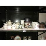 A shelf of pottery items including planters etc.