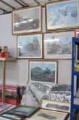 A quantity of framed and glazed prints of trains, planes and MG car.