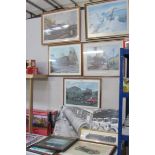 A quantity of framed and glazed prints of trains, planes and MG car.