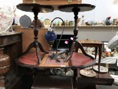 3 occasional tables with embossed red leather inserts: 2 piecrust and 1 drop leaf