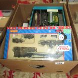 A box of '00' gauge carriages and rolling stock including Hornby,