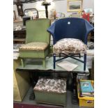 A small storage box (featuring Avalon and CC stamps) and 2 chairs in the style of Lloyd loom