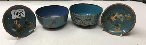 2 cloissonne bowls and 2 cloissonne pin trays.