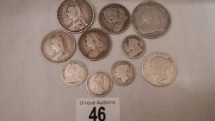 3 silver half crowns, 1890, 1897 and 1899, 4 silver shillings, 1839, 1888, 1896,