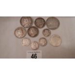 3 silver half crowns, 1890, 1897 and 1899, 4 silver shillings, 1839, 1888, 1896,