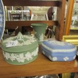 2 Wedgwood Jasper ware lidded pots and a vase.