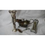 A hall marked silver sauce boat, silver thermometer, silver spoon, silver spill vase a/f etc.