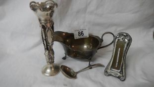 A hall marked silver sauce boat, silver thermometer, silver spoon, silver spill vase a/f etc.