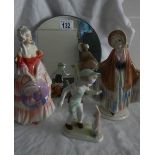 An art deco circular mirror and 3 figures (2 a/f).