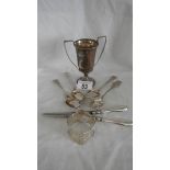 A hall marked silver trophy and other items of silver including spoons, napkin ring etc.