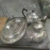 2 silver plate teapots and a silver plate tureen with cover.