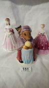 A Royal Worcester figure, Modesty, a Royal Doulton Fortune Teller Bunnikins and a Coalport figure,